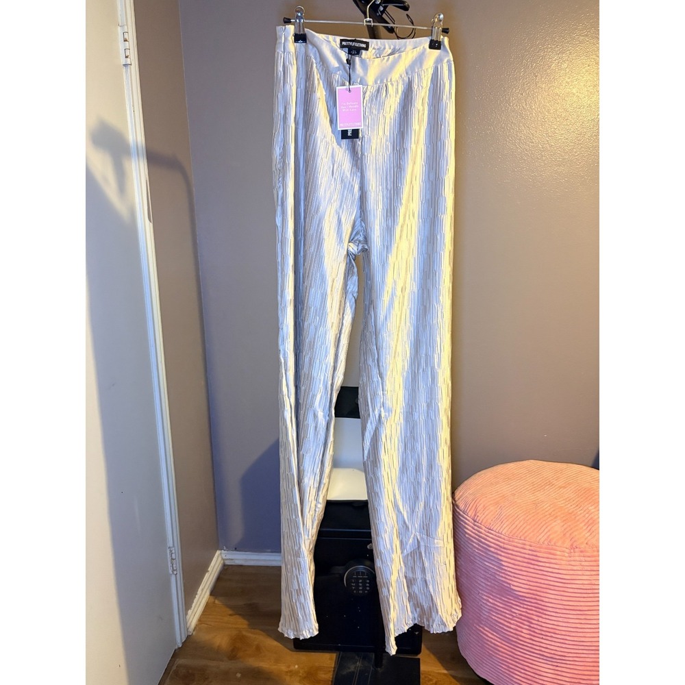 PrettyLittlething Oatmeal Plisse wide leg pants size 2 Dressy classy evening out